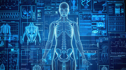 A digital blue background with an overlay of human anatomy and medical diagrams