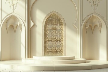 Naklejka premium Elegant Islamic inspired design, empty podium in white room with sunlight and shadows for product placement. Concept of Ramadan, Eid, culture, and tradition.