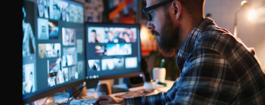 Creative Designer at Work - Multitasking with Multiple Screens Displaying Digital Designs in Modern Workspace