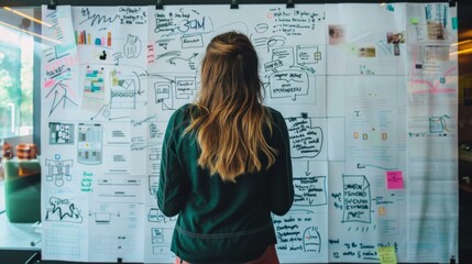 Fototapeta premium Innovative Brainstorming: Creative Thinker Mapping Ideas on Large Whiteboard
