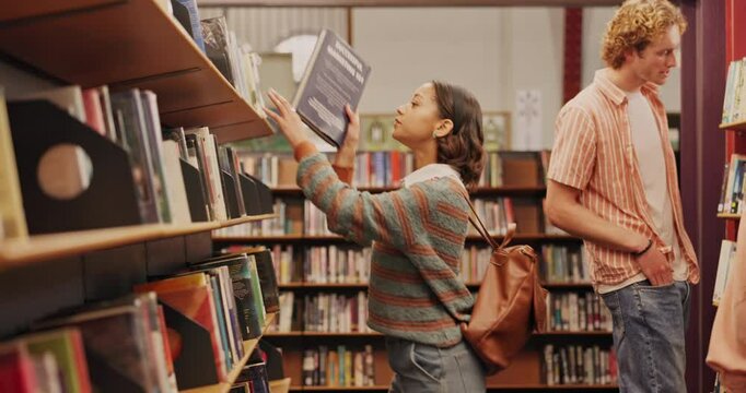 Shelf, book and woman in library for return at university, college or school campus for education. Replace, girl learning and student with scholarship studying knowledge, research and information