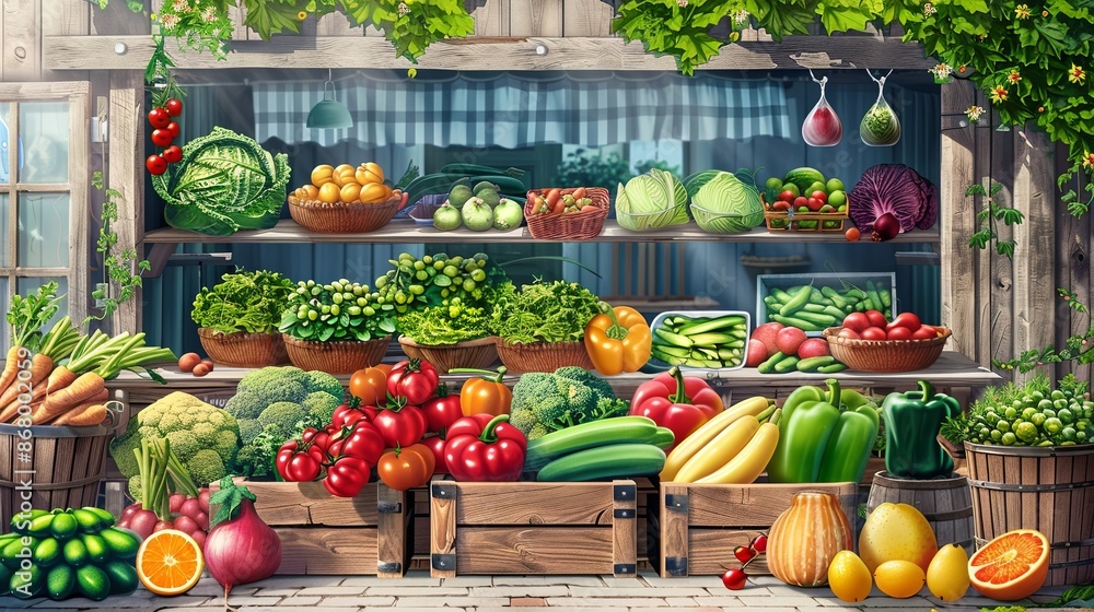 Aufkleber A variety of fresh fruits and vegetables are displayed on wooden shelves and in crates at a rustic market stall. Generative AI