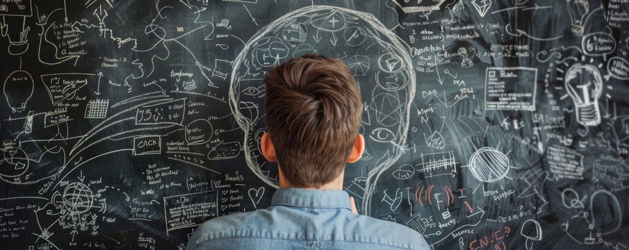 Innovative Ideas: Creative Thinker Drawing on Chalkboard Wall for Inspiration