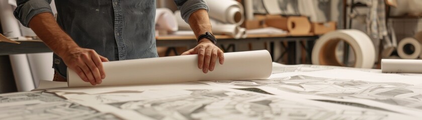 Creative Designer Conceptualizing Ideas on Oversized Paper Roll with Various Sketches