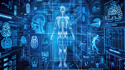 A digital blue background with an overlay of human anatomy and medical diagrams