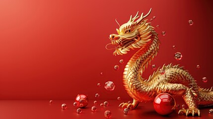 Obraz premium Golden Dragon with Red Orbs on a Red Background