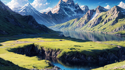 Fototapeta premium Watercolor Mountain Scenery Landscape