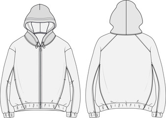 Hooded full zip jacket technical CAD fashion illustration front and back views zip hoodie vest © 212069668