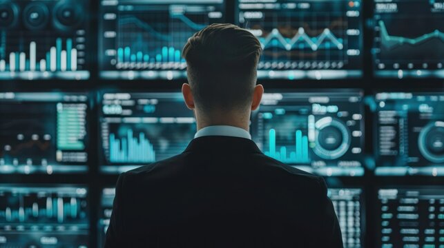 Back of a businessman in front of professional key performance indicator KPI metrics dashboard with screens and charts for sales and business results evaluation and KPI review. - Powered by Adobe