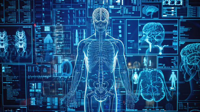 A digital blue background with an overlay of human anatomy and medical diagrams