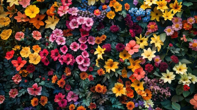 A vivid and colorful display of various flowers on a wall, consisting of hues of blue, yellow, orange, and pink blossoms interwoven with green foliage, creating a lively and cheerful scenery.