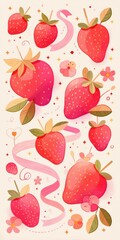 Whimsical strawberry illustration with vibrant red berries, green leaves, pink flowers, and flowing pink ribbons on a light background, exuding a playful, fresh, and sweet vibe.