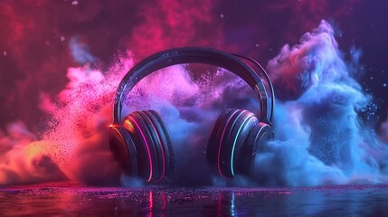 A headphones with RGB lights on a colorful powder background