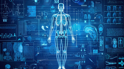 A digital blue background with an overlay of human anatomy and medical diagrams