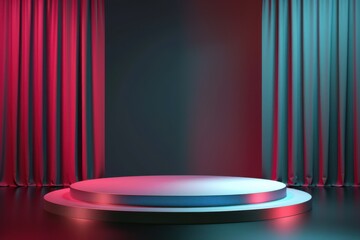 Empty round stage podium with red and teal curtains and dramatic lighting. Concept of performance, presentation, award ceremony, show, product launch.