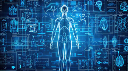 A digital blue background with an overlay of human anatomy and medical diagrams