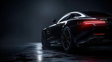 A sleek black car with glowing taillights stands out in the darkness Its power and style are undeniable