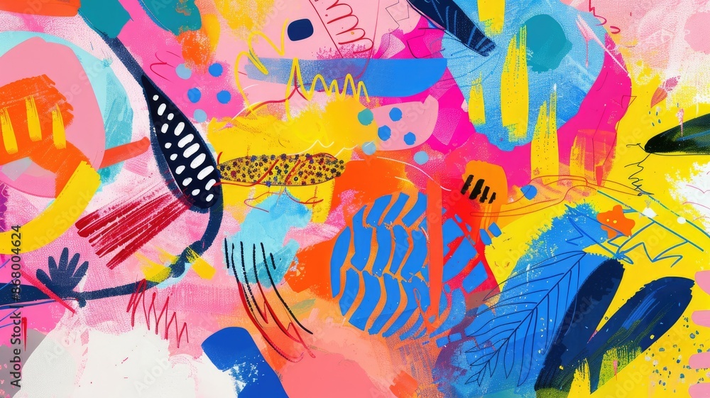 Poster dynamic abstract artwork with bold colors, fluid shapes, and intricate patterns. trendy and visually