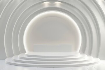 Obraz premium Minimalistic white empty stage with arch for product presentation or awards ceremony. 3D render of modern, clean design.