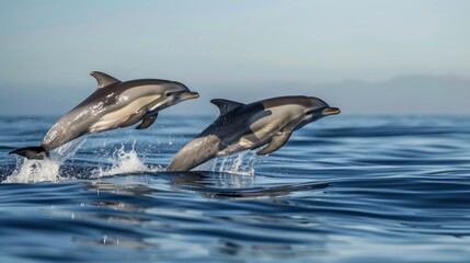 Fototapeta premium Playful dolphins leaping out of the water against the backdrop of a deep blue ocean and clear sky