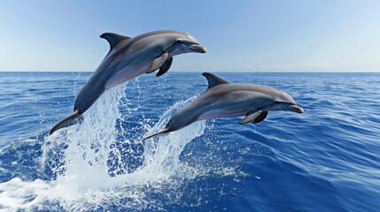 Playful dolphins leaping out of the water against the backdrop of a deep blue ocean and clear sky