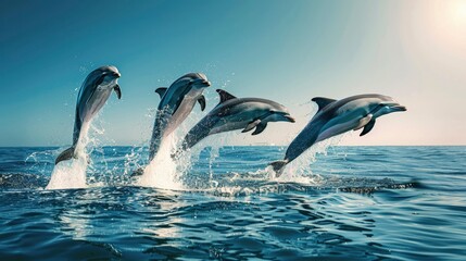 Fototapeta premium Playful dolphins leaping out of the water against the backdrop of a deep blue ocean and clear sky