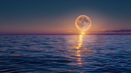 A stunning full moon rising over a tranquil ocean, casting a silvery path across the water towards the shore