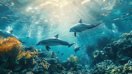 Dolphins playing in the ocean near a coral reef with clear, blue water and sunlight filtering through