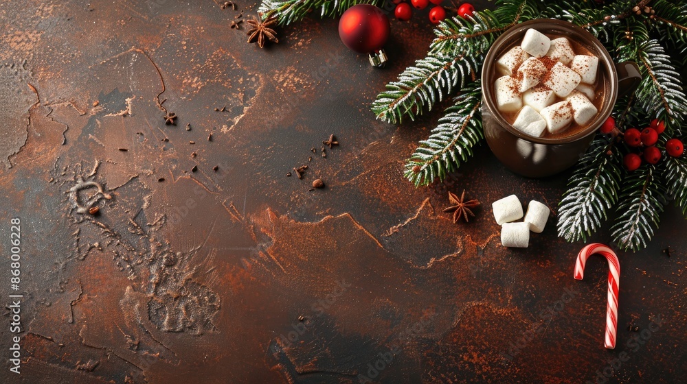 Poster festive hot drink with marshmallows and candy cane on textured table warm holiday vibes with cocoa c