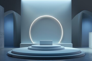 Obraz premium Empty, minimalist white podium with neon ring on a blue background, perfect for product placement, showcasing your brand, or creating a modern scene.