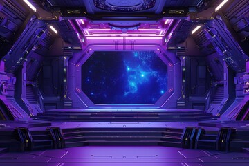 Obraz premium Futuristic spaceship interior with glowing neon lights and view of deep space. Concept of science fiction, space travel, and future technology.