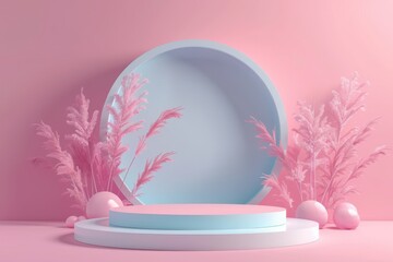 3D rendering of pink and blue podium with pampas grass for product display. Empty platform, pedestal or stage for cosmetic products presentation. Mockup scene in pastel colors