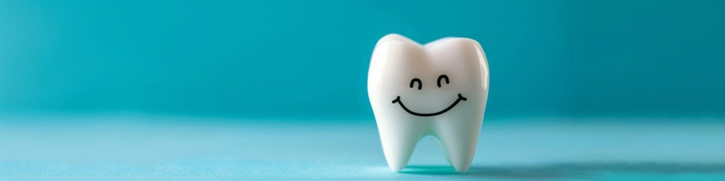 Healthy Smiling Tooth on Blue Background, Dental Marketing Advertisement, Cute Children's Dental Care, Gum Protection, Timely Brushing Concept, AI-Generated High-Resolution Wallpaper for Marketing Bac