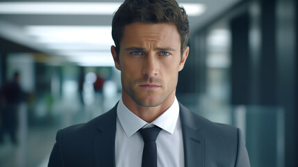 Fototapeta premium Close-up headshot of a confident businessman in a modern office setting, exuding professionalism and determination