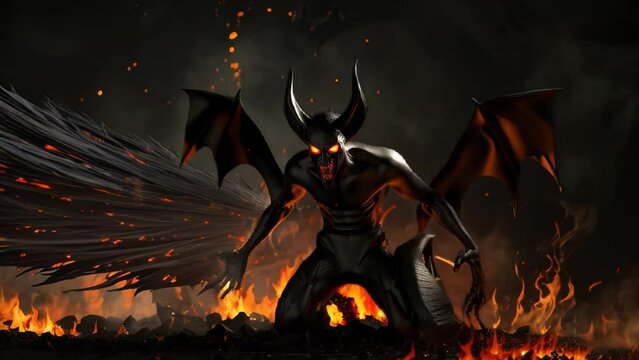 Menacing winged demon warrior emerges from fiery hellscape. Muscular figure brandishes sword, horned helmet gleams. Flames and embers dance, creating apocalyptic atmosphere of dread and power.	