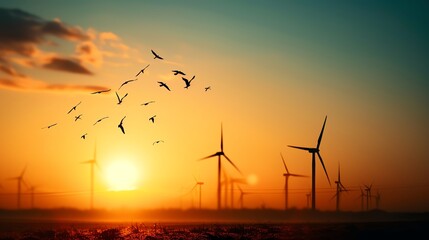 Obraz premium Wind turbines at sunset with birds flying across the sky, symbolizing renewable energy and nature in harmony.