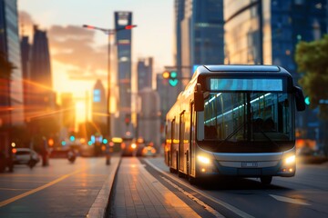 Modern city bus driving on an urban street during a vibrant sunset, with tall buildings in the background and traffic lights glowing.