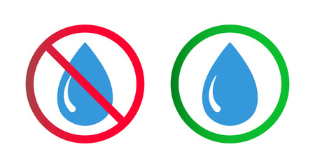 Set of drinking and non-drinking water icon symbol. Water drop and no water ban sign symbol icon. No water drops sign. Water droplets icon collection in the red and green circle. Vector illustration.