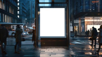 Urban Targeted Advertising: Blank Billboard in Bus Stop Shelter with Cityscape Reflection and Waiting Commuters