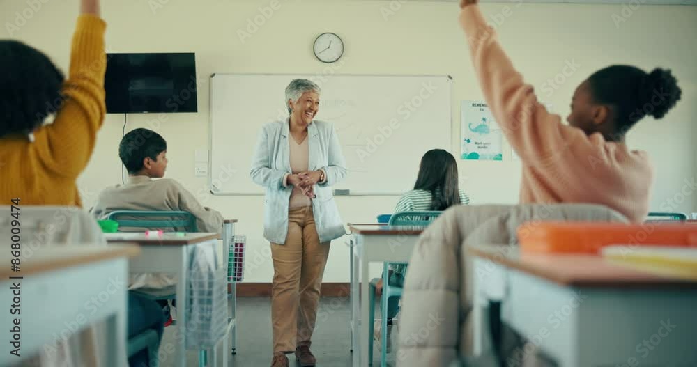 Sticker school, questions and teacher in class with kids for growth, development and attention to education.