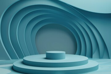 Obraz premium Minimalist blue podium stage for product display against an abstract curved background. Concept of showcase, presentation, and modern design.