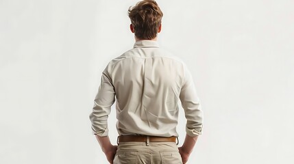 A man wearing a collared shirt and khakis stands facing away from the camera on a white background 