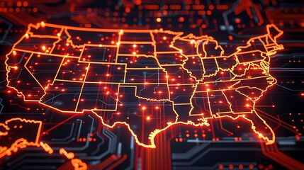 A map of the Country is shown outlined in red with glowing orange lights. The background is a digital circuit board