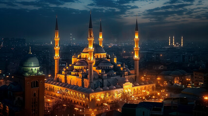 Illuminated minarets rise at famous Blue Mosque, AI Generative.