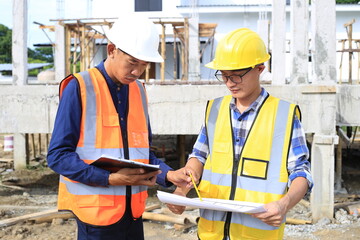 Young professional engineer in hat and blueprint paper is working...At the house construction site. Motivation: success, career growth. achieving goals