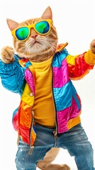 Fototapeta premium Colorful Cats Wearing Sunglasses Dancing on Background, Fun Pet Party Invitation, Stylish and Tech-Savvy, Holiday Cheer, AI-Generated High-Resolution Wallpaper for Festive Occasions
