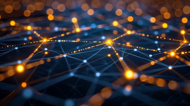 A network of glowing yellow dots connected by lines, on a dark blue background - Powered by Adobe