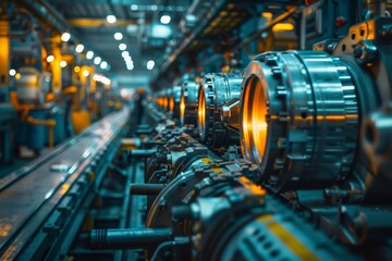 Fototapeta premium A hightech factory with automated machinery, showcasing industrial capital focus on machinery, futuristic, manipulation, factory floor backdrop