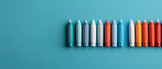 Obraz premium Horizontal row of colorful crayons on a blue background, vibrant art supplies neatly arranged for creative projects and education.