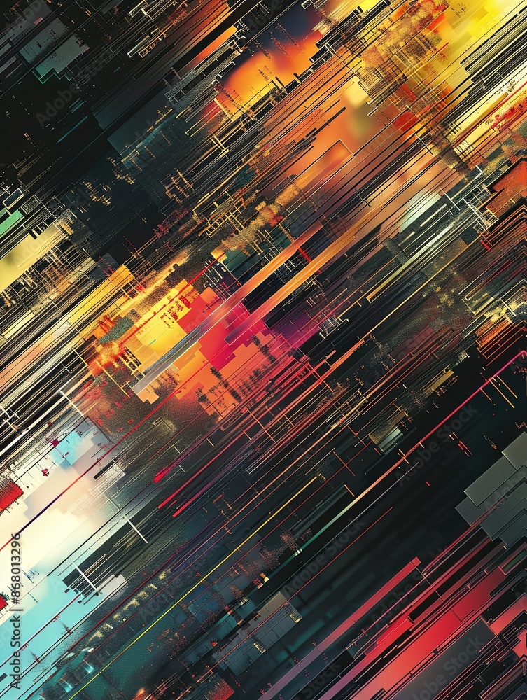 Poster digital art with abstract geometric shapes and diagonal lines in vibrant colors. generative ai
